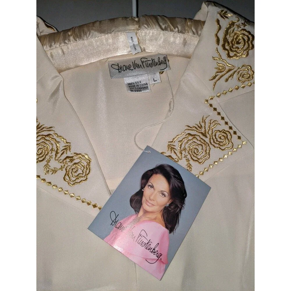 NWT Vtg DVF 100% Silk Blouse Sz L Ivory Gold Floral Embroidery Luxury Designer - Picture 14 of 15